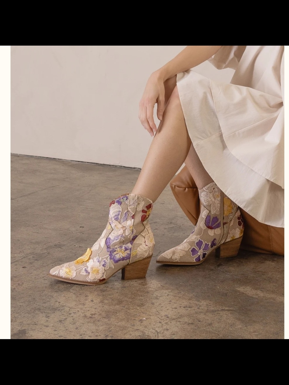 Embroidered Beige Floral Ankle Booties - Picture 3 of 3